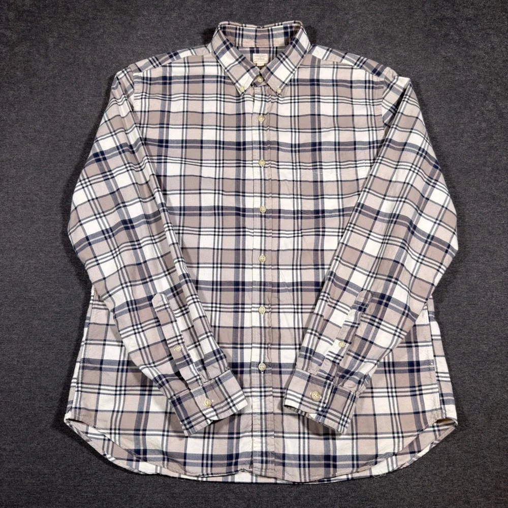 J. Crew Vintage Oxford Shirt Mens Large Tan Plaid Long Sleeve Button Down Cotton